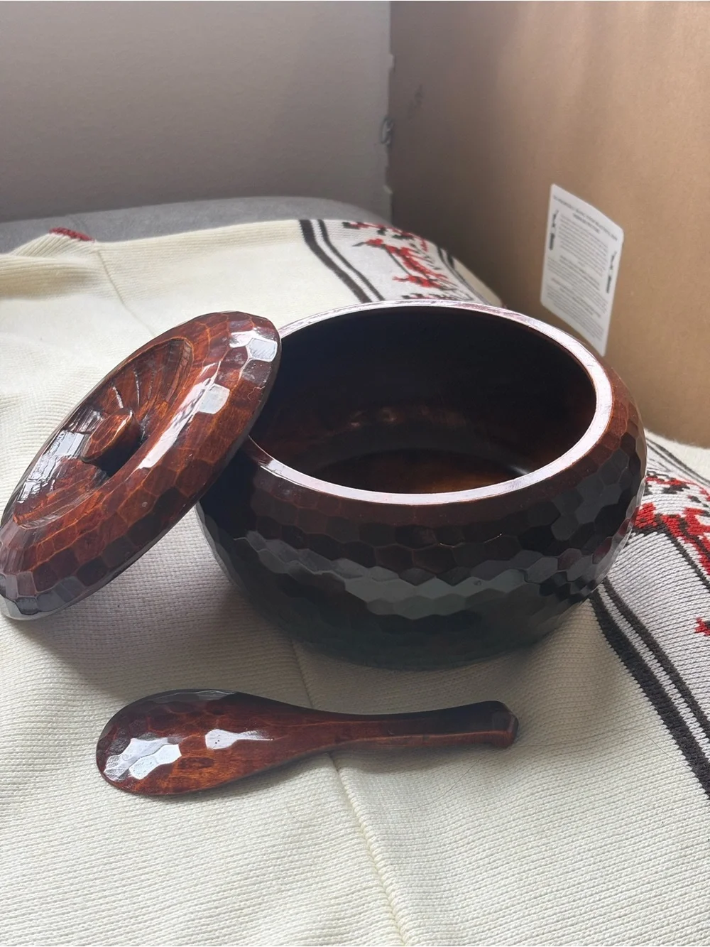 Vintage Japanese Wooden Lidded Bowl - Deep Brown